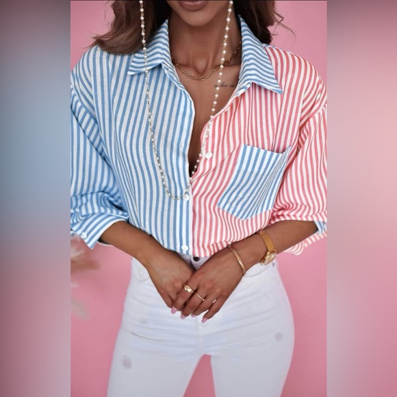 NEW - Women’s Sky Blue/Pink Contrast Striped
Print Shirt (Small) - Picture 5 of 7